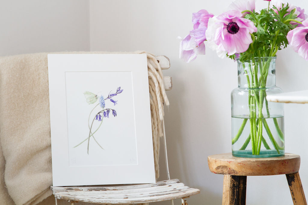 Bluebells and Brimstone Butterfly Print