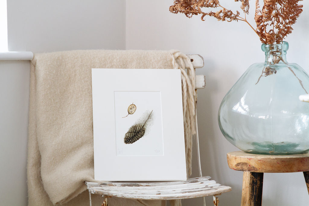 Honesty Seedpod and Guinea Fowl Feather Print