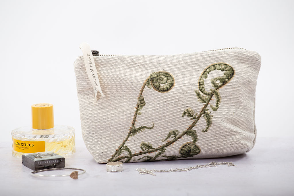 Linen unfurling fern pouch/bag